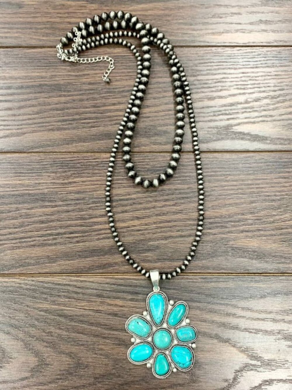 Western Turquoise Cluster Pendant 2 Strand Necklace Silver Tone Cowgirl Jewelry